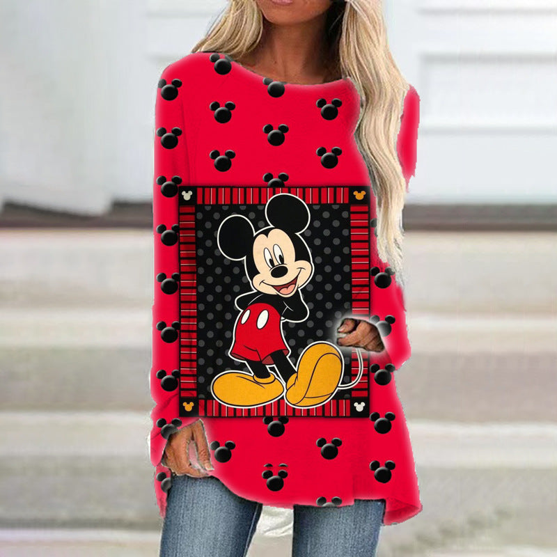 Red shirt with black mouse ears pattern and Mickey Mouse design worn by a person.