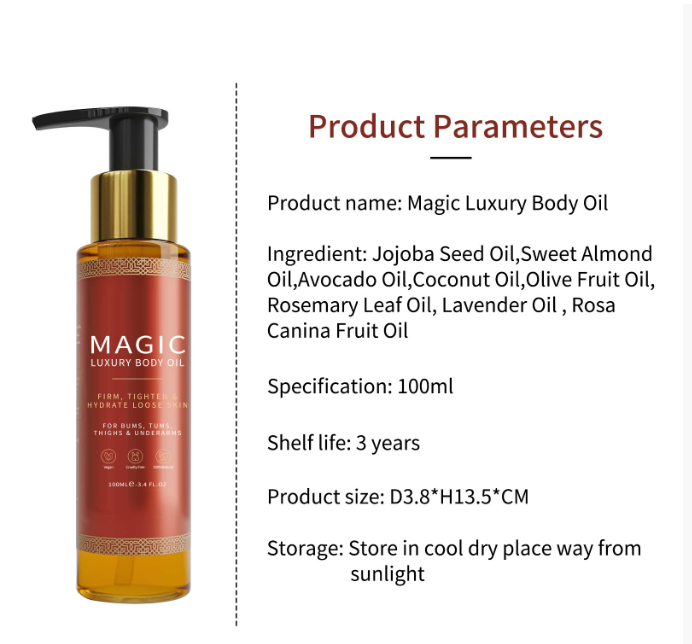Magic Luxury Body Oil bottle with product parameters on a white background