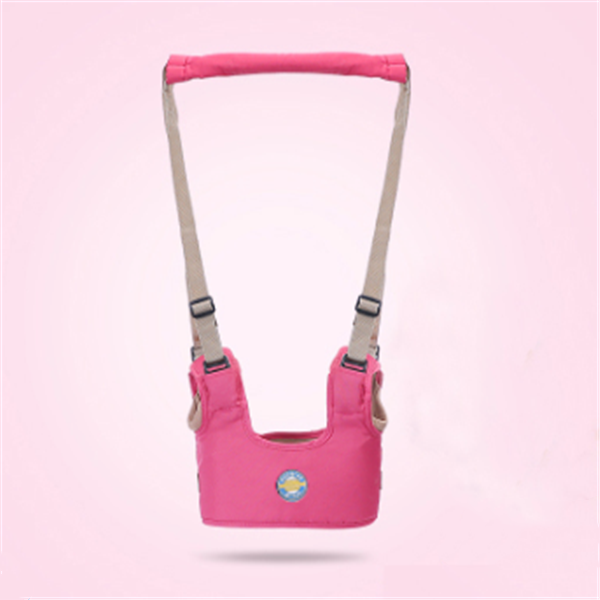 Pink baby walker with beige straps on a pink background