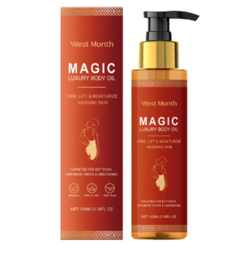 West Month Magic Luxury Body Oil bottle and packaging on a white background