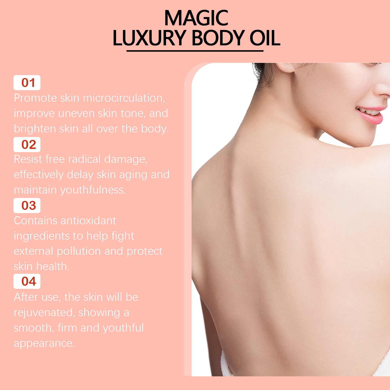 Advertisement for magic luxury body oil with text on a pink background