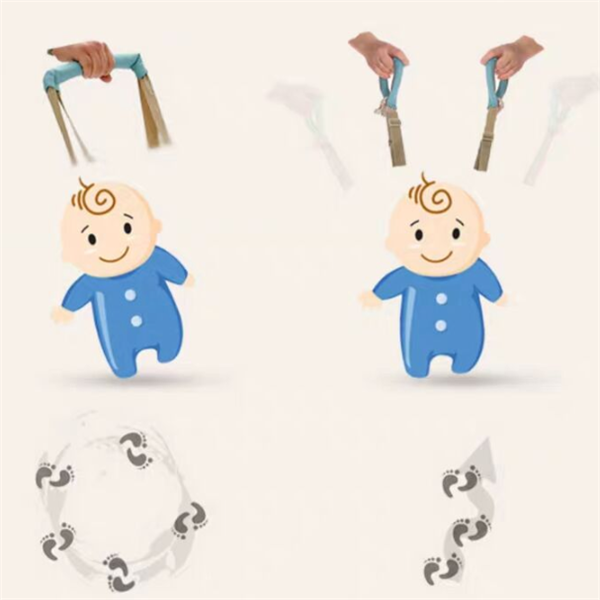 Baby toy with a cartoon baby figure and juggling clubs on a beige background