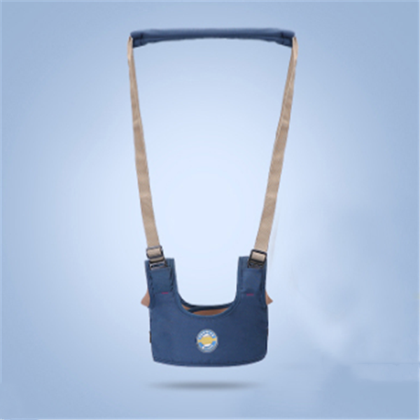 Blue baby walker with beige straps on a light blue background