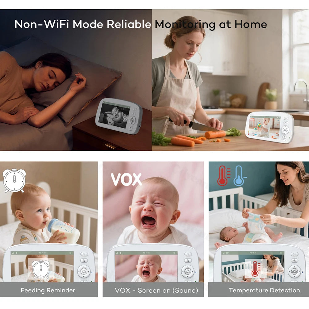 Baby monitor with various features and usage scenarios displayed on a screen.