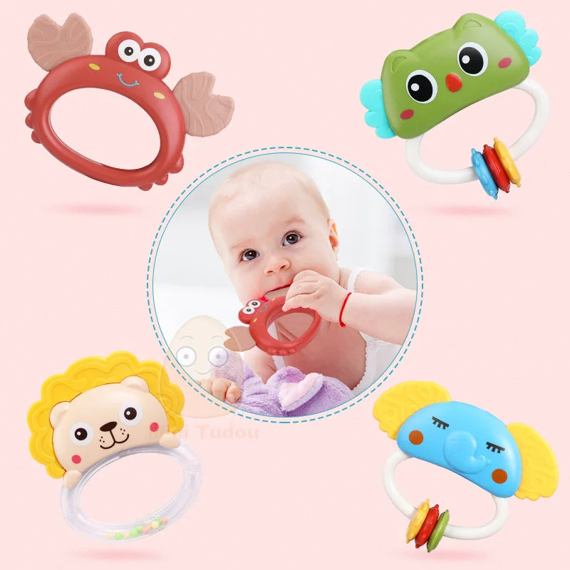 Set of colorful baby toys with a central photo of a baby holding a red toy.