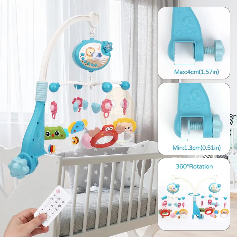 Baby crib mobile with remote control and specifications displayed