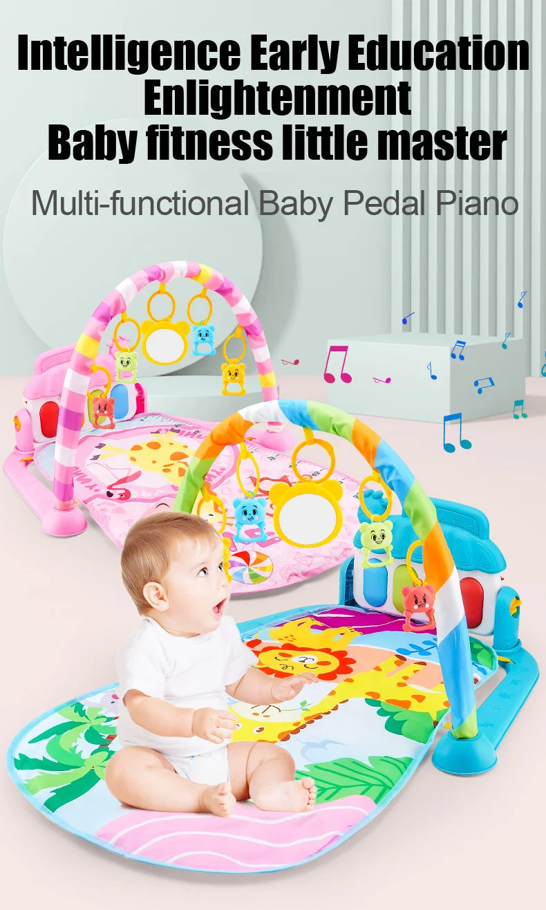 Baby playing with a colorful multi-functional baby pedal piano on a light-colored floor.