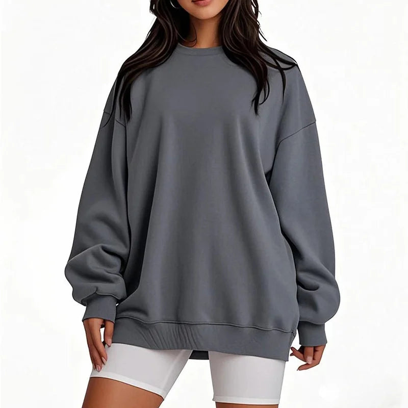 Gray sweatshirt worn by a person on a white background