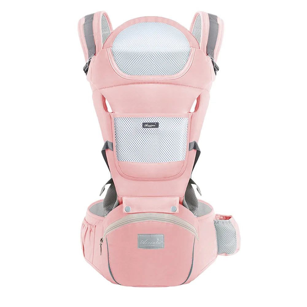 Pink baby carrier with gray accents on a white background