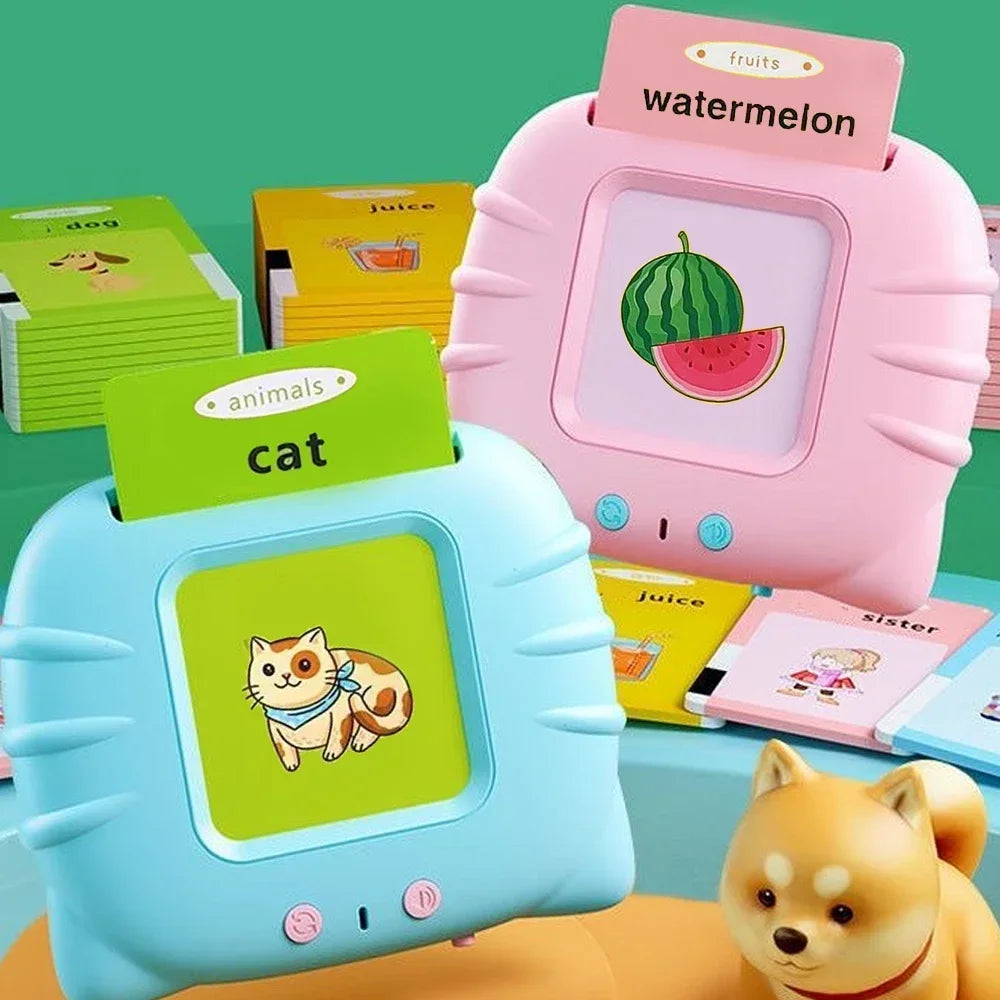 Educational toys with card holders and flashcards on a green background