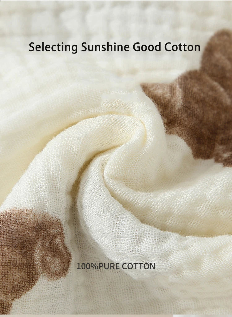 Close-up of 100% pure cotton fabric with brown accents, featuring the text 'Selecting Sunshine Good Cotton'.