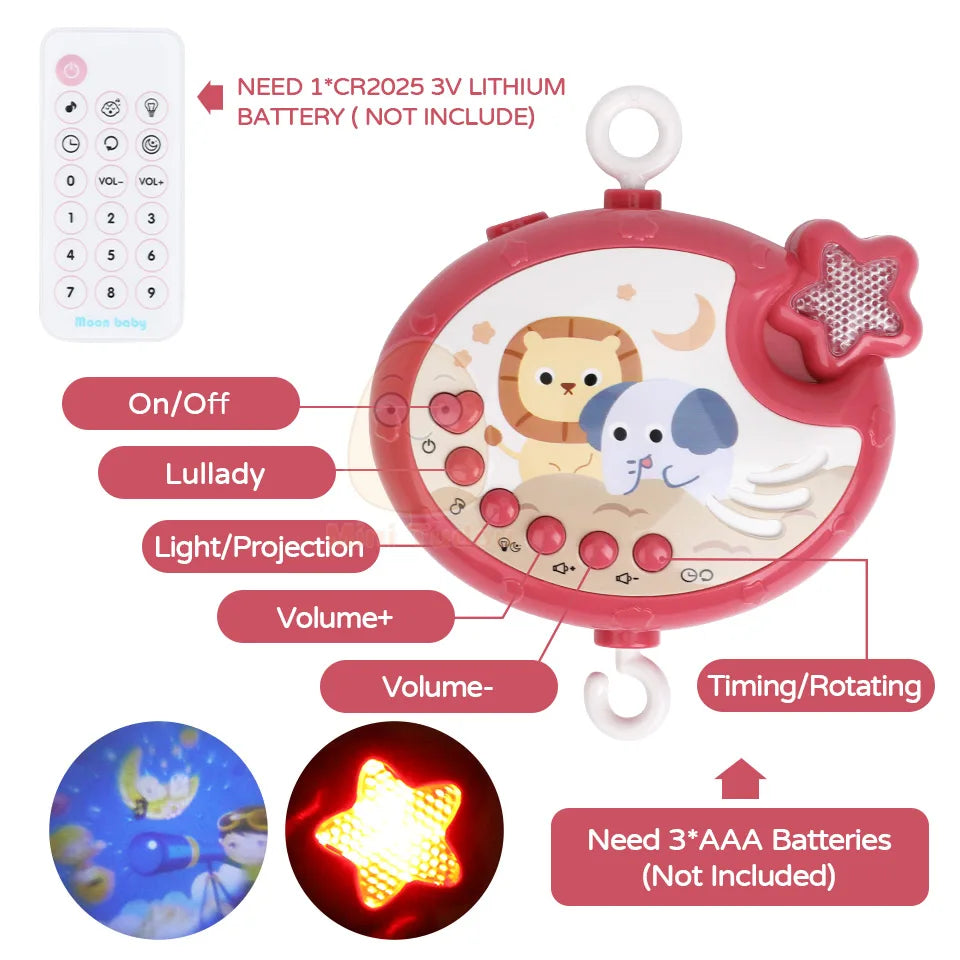 Children's night light with remote control and battery information on a white background