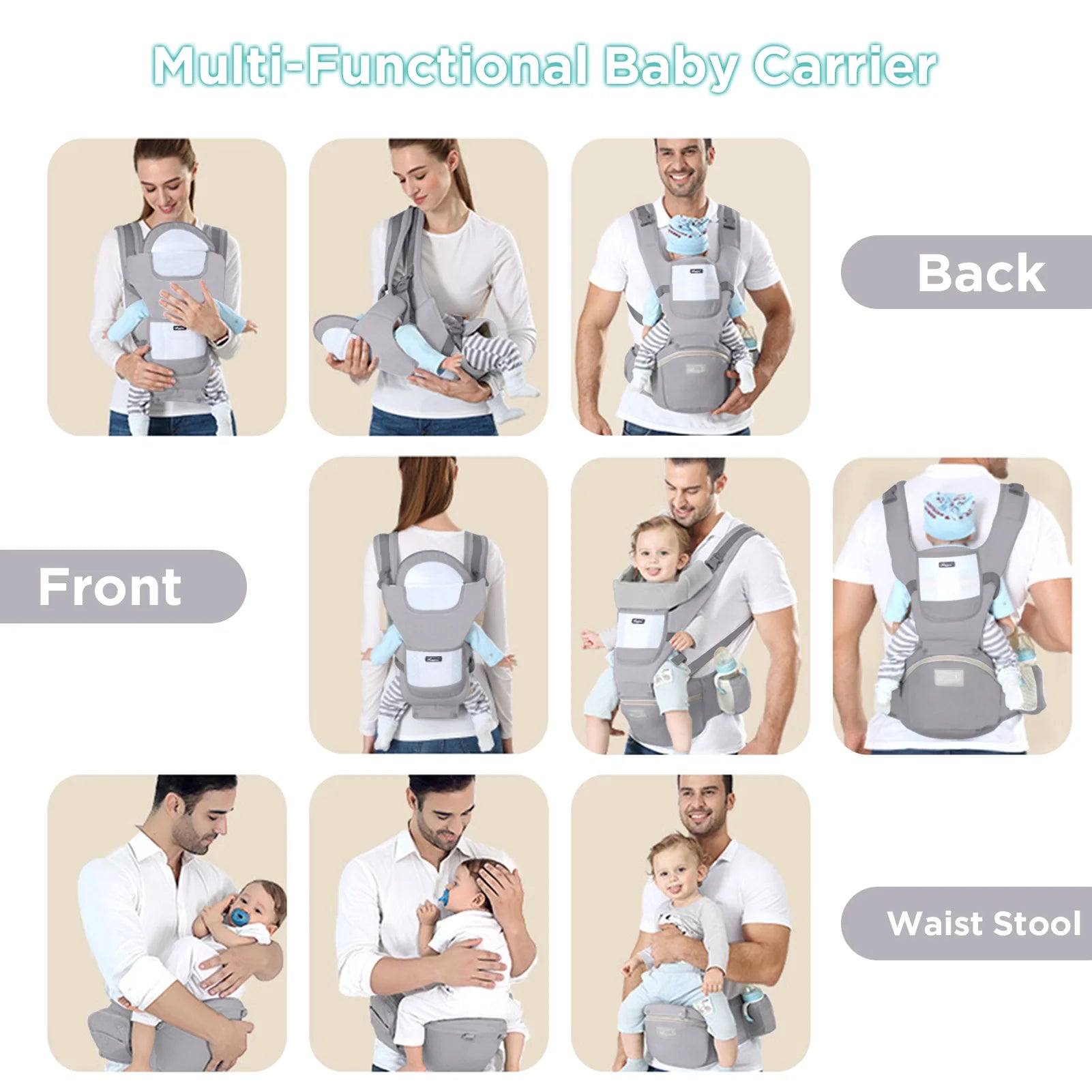 Multi-functional baby carrier shown in various usage scenarios including front, back, and waist stool.