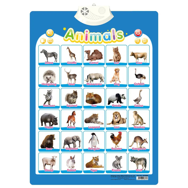 Chart with images of animals and their names on a blue background