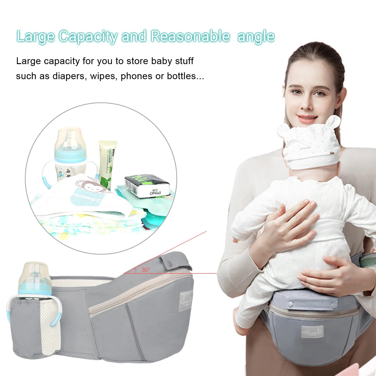 Baby carrier with attached pouch for baby care items, featuring a woman holding a baby.