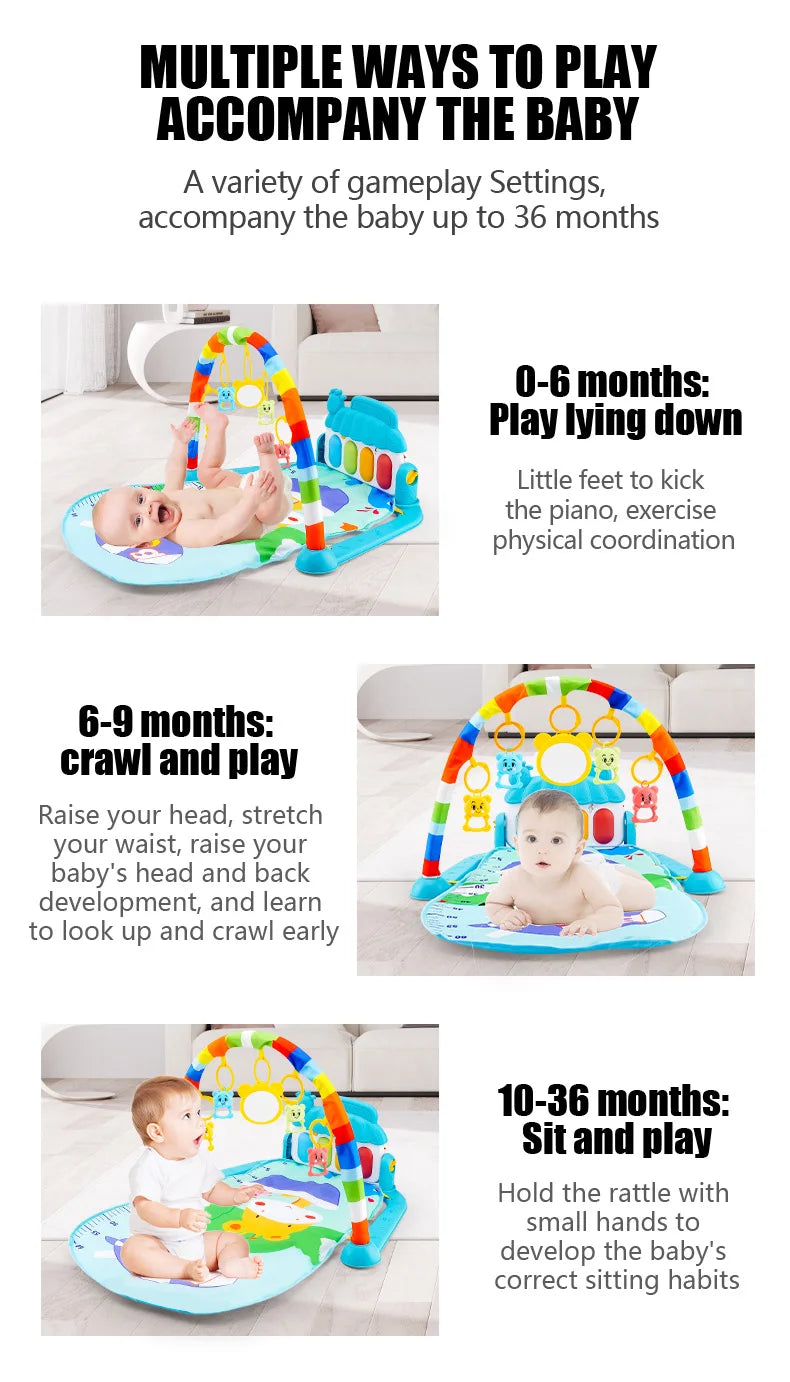 Baby play gym with text describing different activities for babies at various ages.