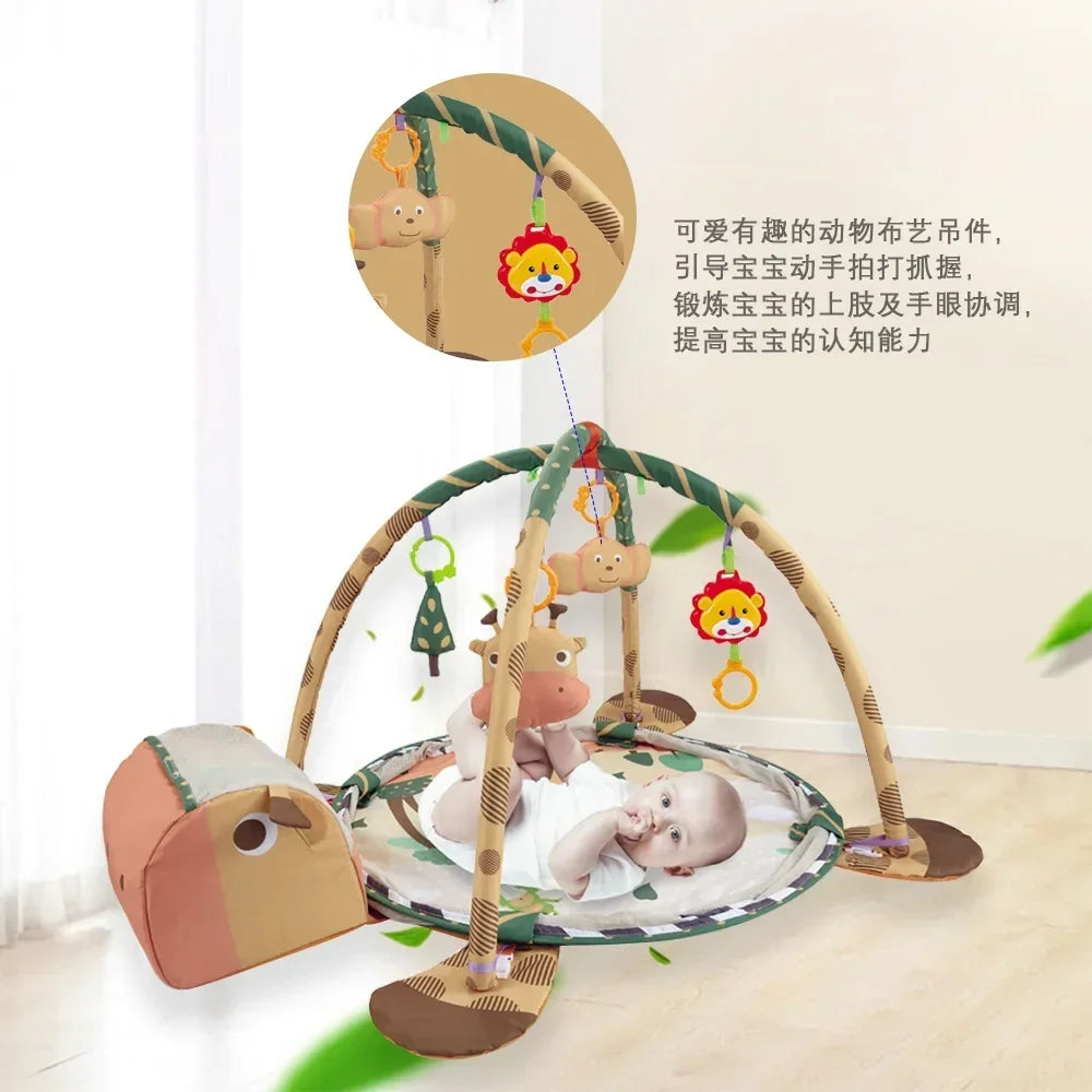 Baby play gym with animal-themed hanging toys on a light background
