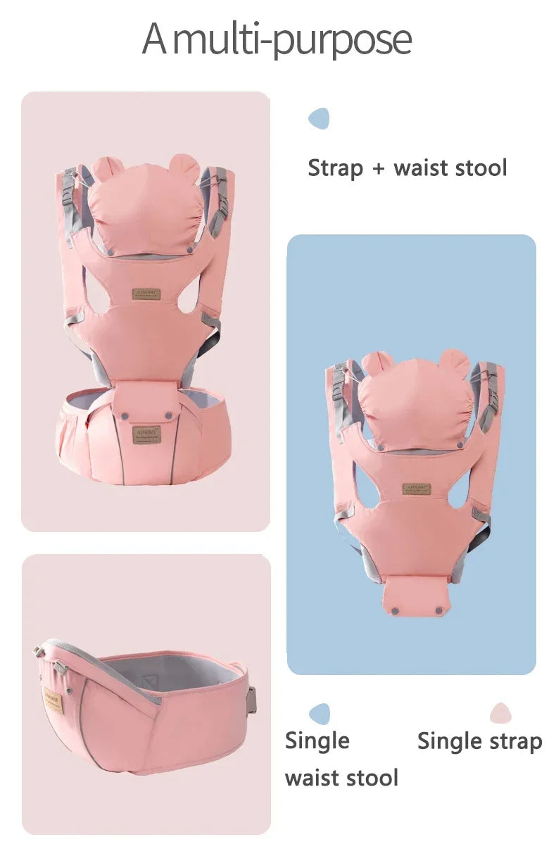 Pink baby carrier with strap and waist stool on a pink and blue background