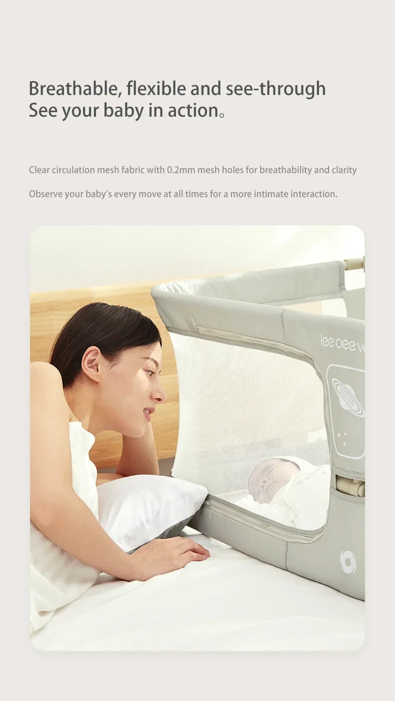 Woman lying in bed with a baby in a clear crib, emphasizing breathability and visibility.