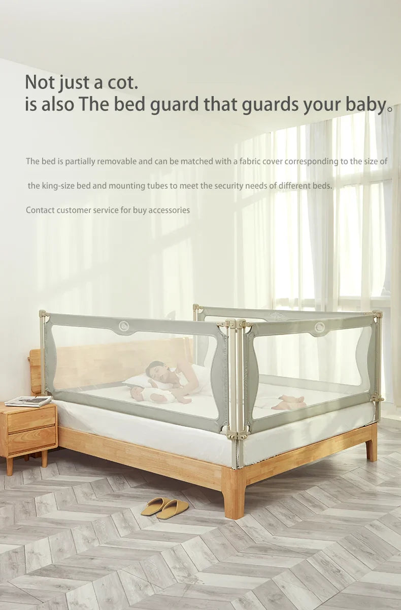 Baby crib with bed guard in a bedroom setting