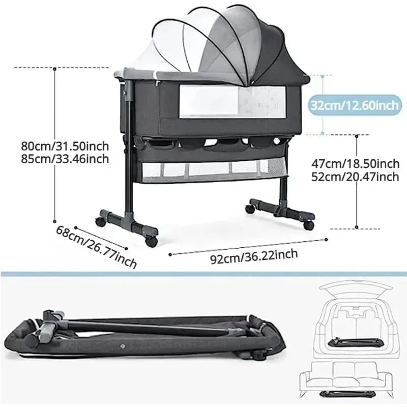 Dimensions of a baby crib with measurements labeled on a white background