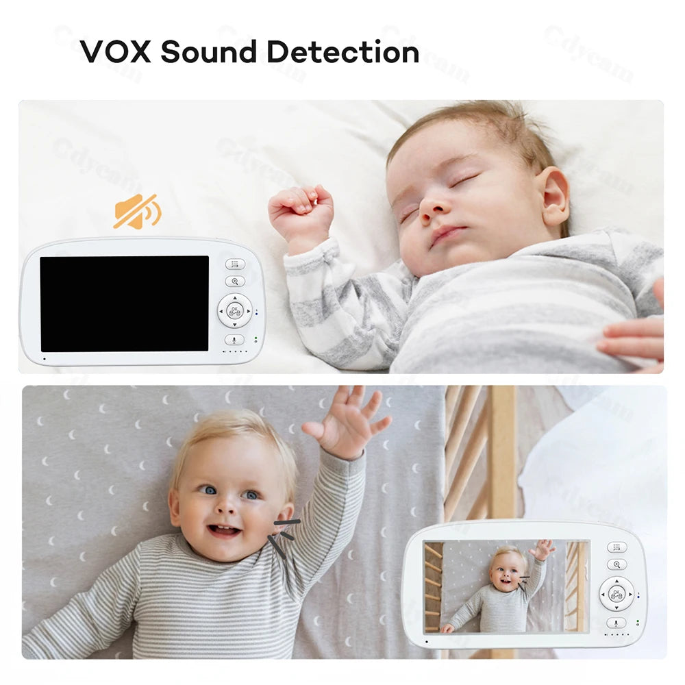 Baby sleeping with a baby monitor displaying 'VOX Sound Detection' and another scene of a baby smiling with the monitor showing a smaller inset video.