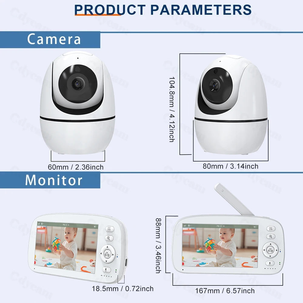 Product parameters of a camera and monitor system with dimensions displayed.