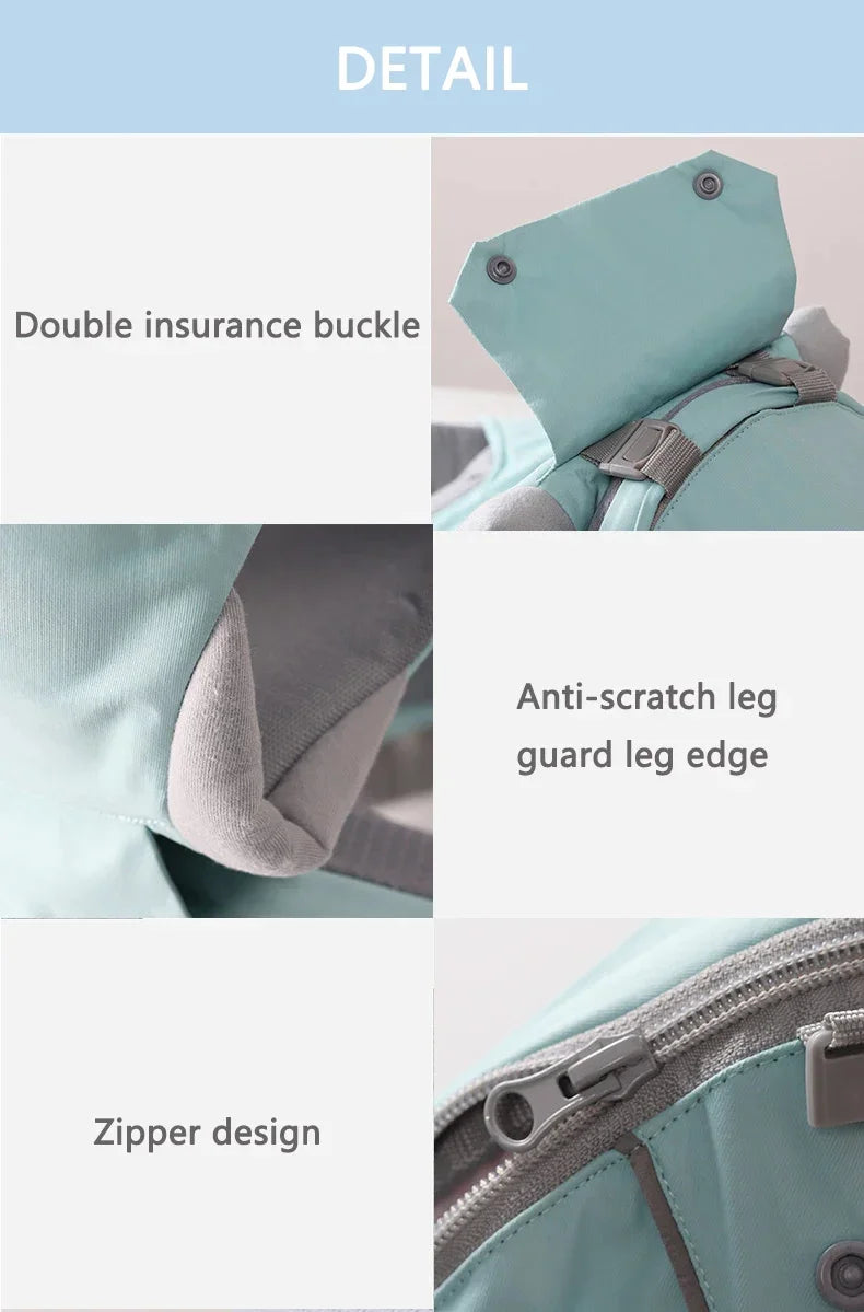 Product details including a double insurance buckle, anti-scratch leg guard, and zipper design on a light blue background.