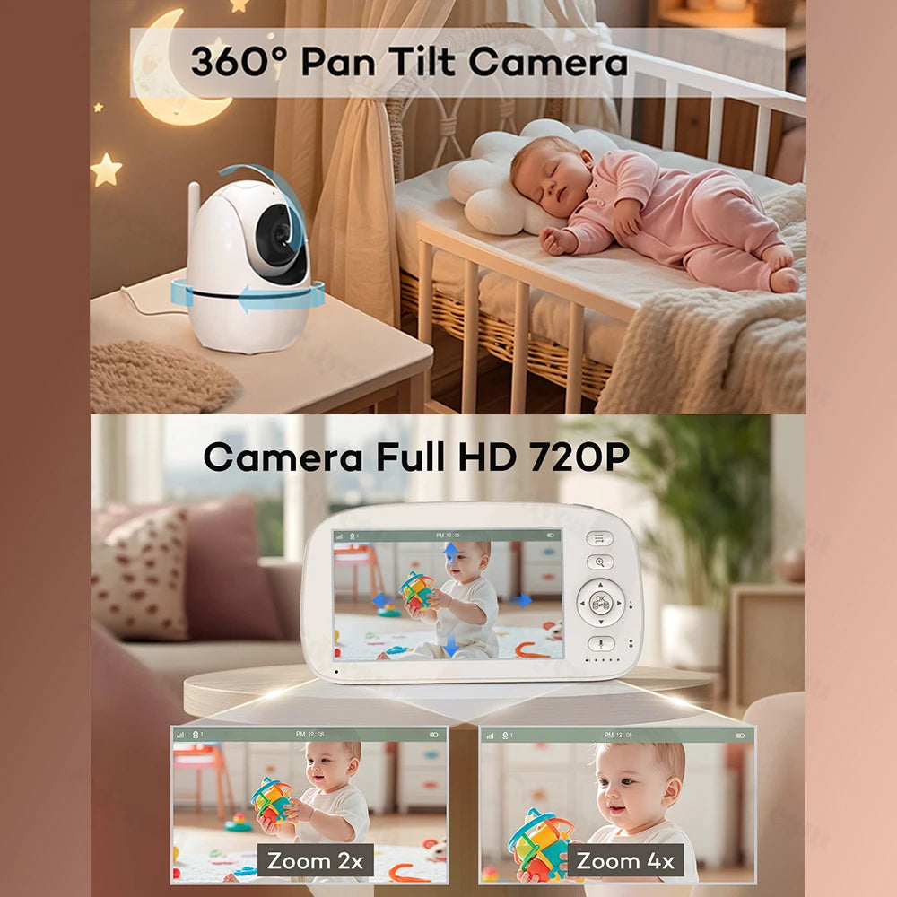 Baby monitor with 360° pan tilt camera and Full HD 720P display in a home setting.