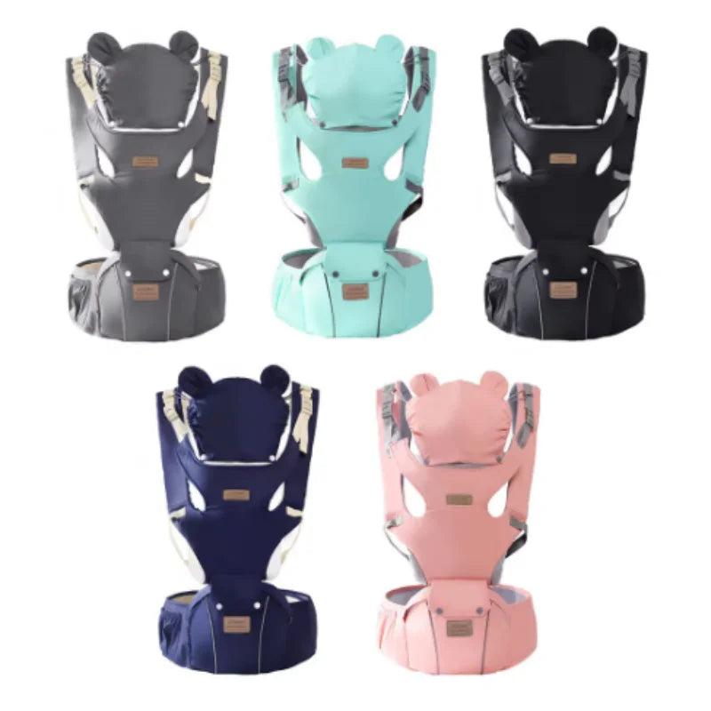 Five baby carriers in different colors on a white background