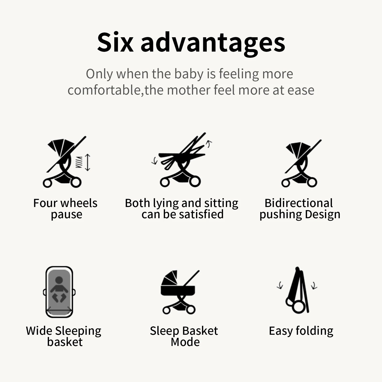 List of six advantages of a baby product with icons and text on a white background