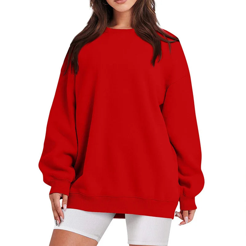 Red sweatshirt worn by a person on a white background