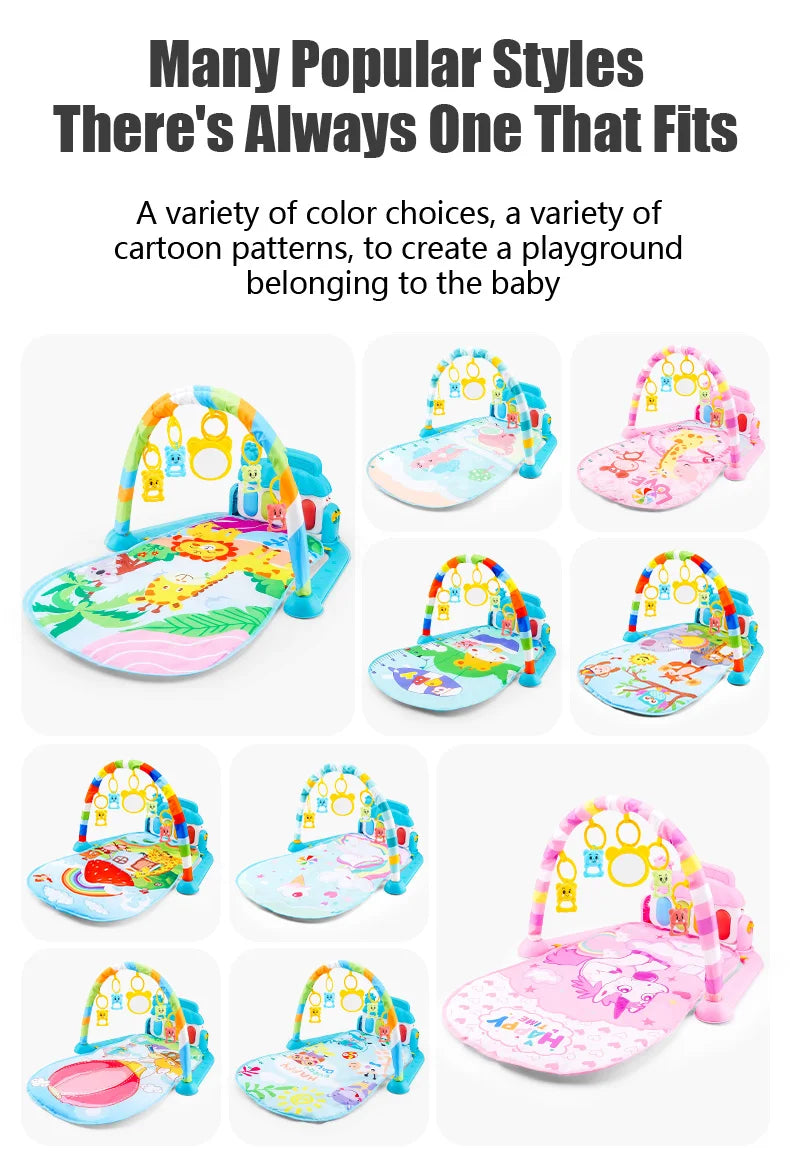 Colorful baby play mats with cartoon patterns on a white background