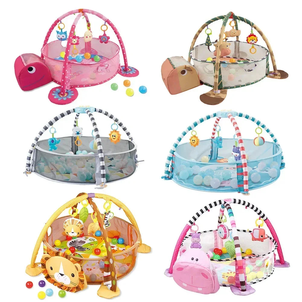 Collection of colorful baby activity centers on a white background