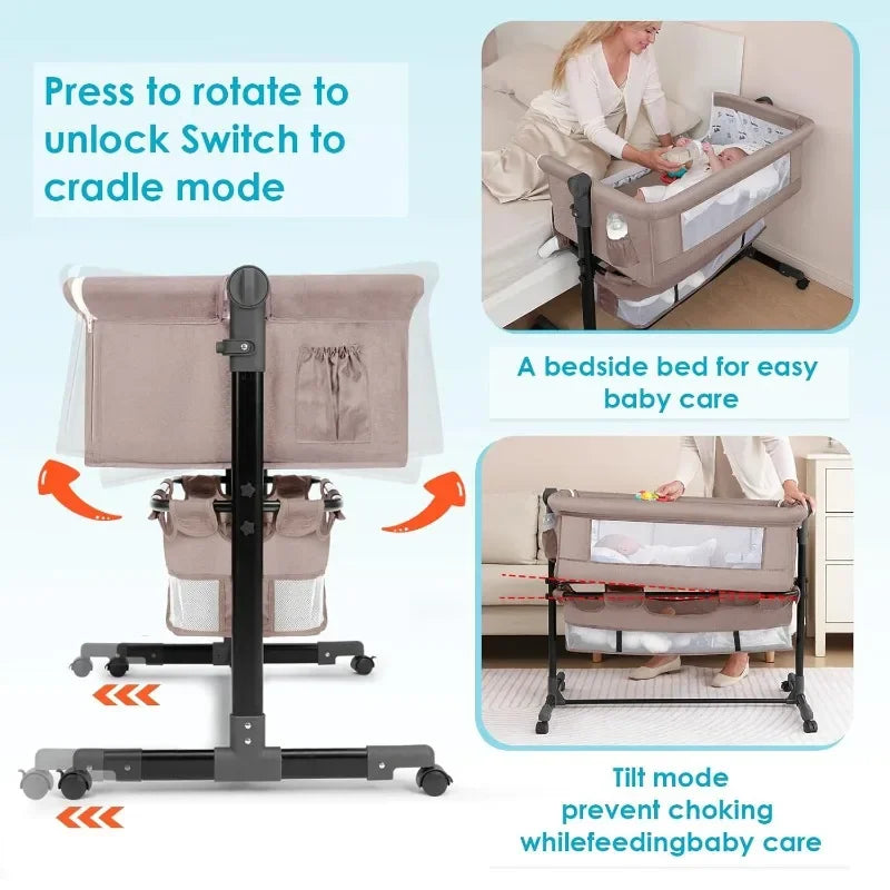 Bedside baby crib with features for easy baby care and cradle mode.