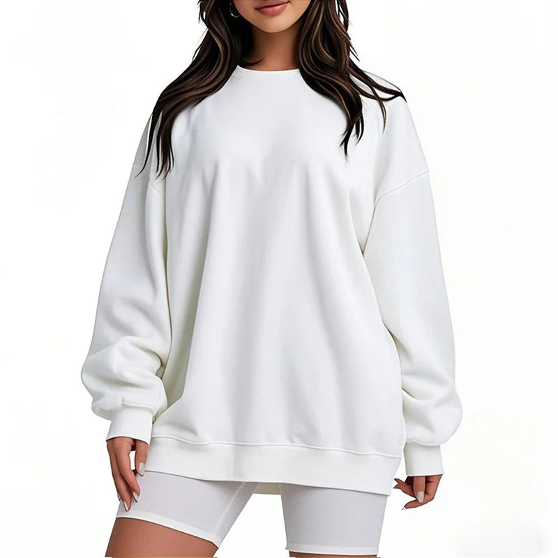 White sweatshirt worn by a person on a white background