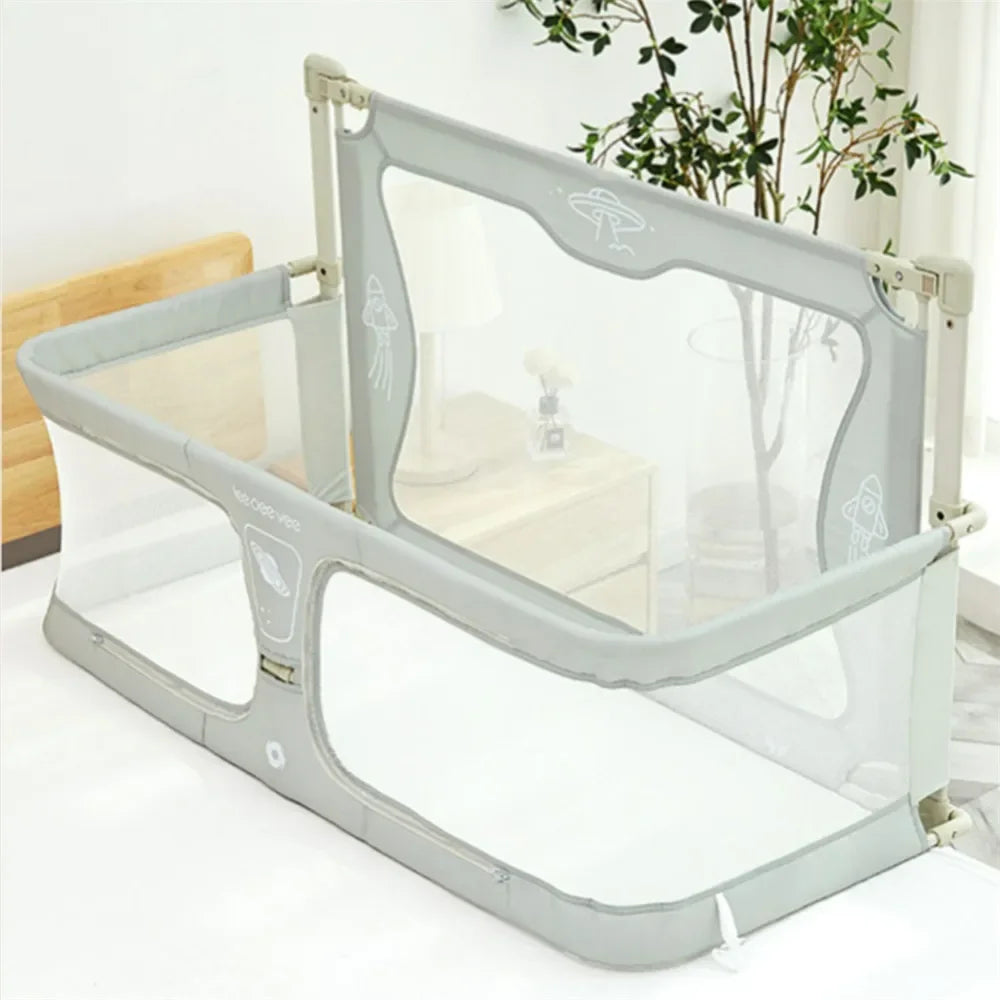Baby crib with safety rail in a room with plants