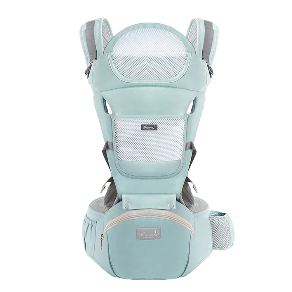 Light blue baby carrier with gray accents on a white background