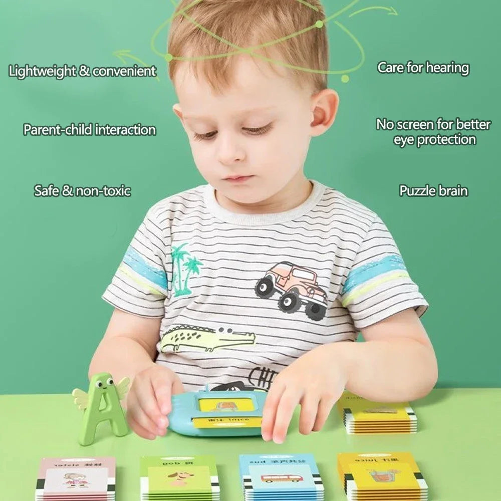 Child playing with educational toys on a green background