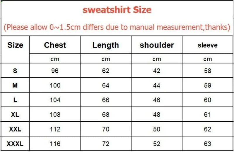 Size chart for sweatshirts with measurements in centimeters.