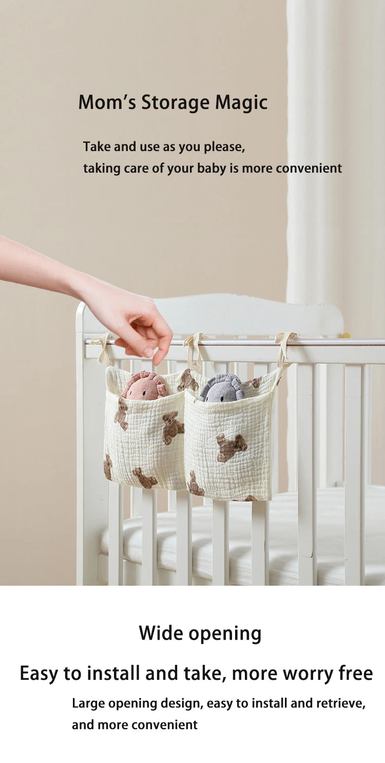 Baby storage bag hanging from a crib with text about its convenience and ease of use.