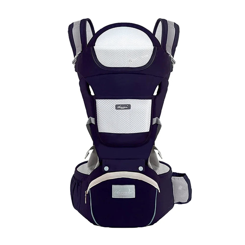 Navy blue baby carrier with white accents on a white background