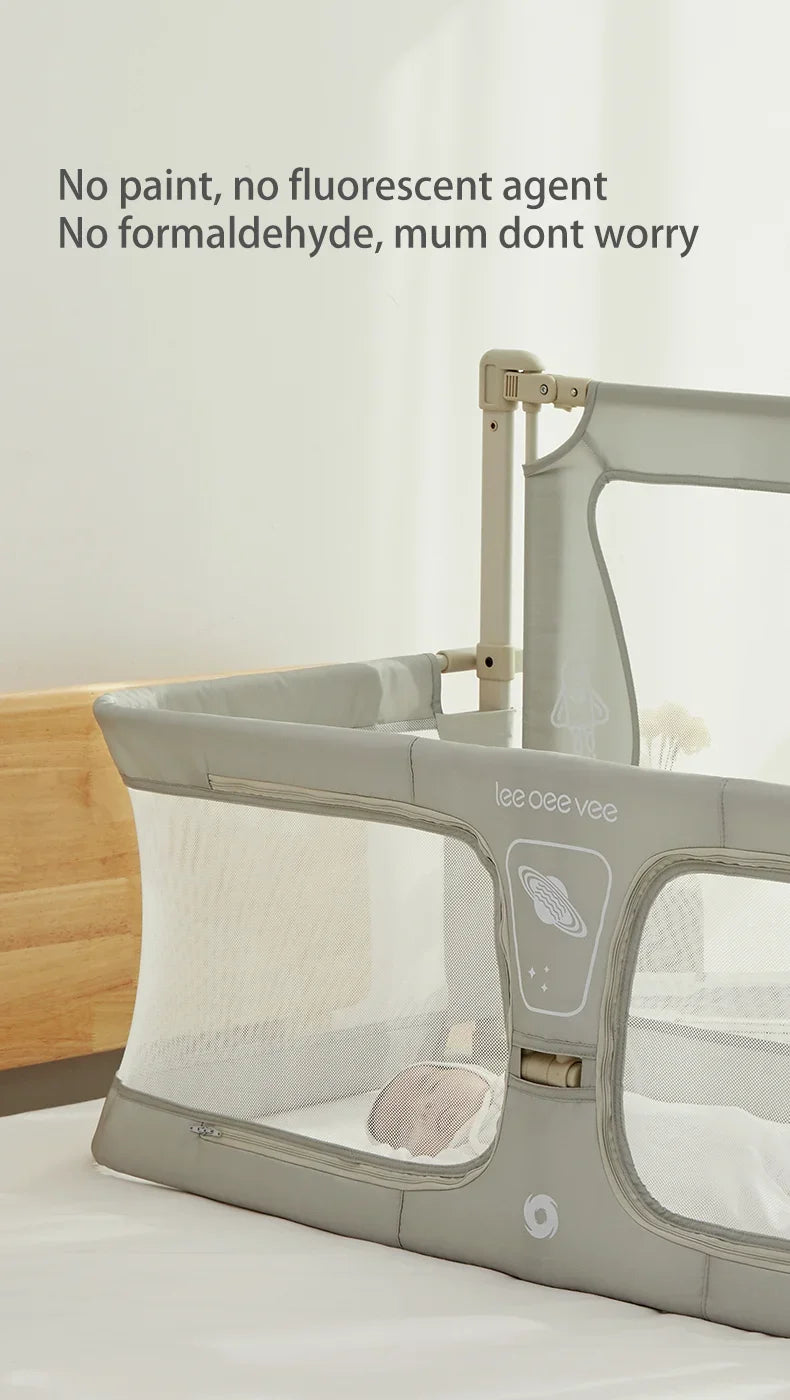 Baby crib with mesh side on a bed, emphasizing safety and comfort.