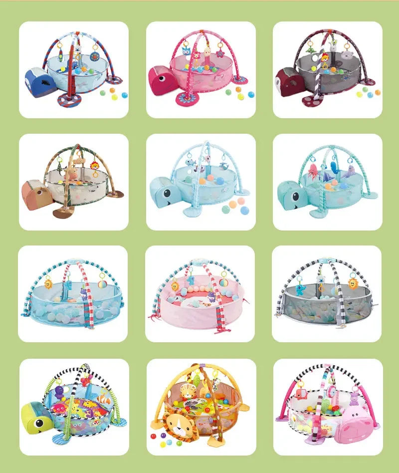Grid of various baby activity centers on a green background