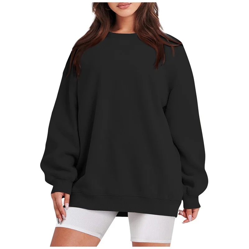 Black sweatshirt worn by a person on a white background
