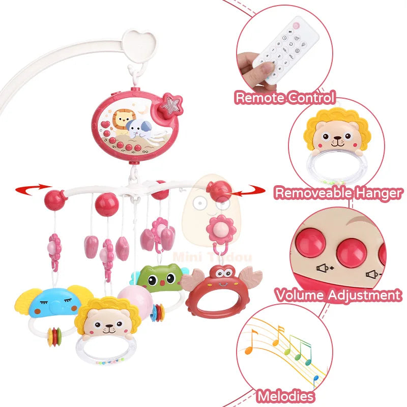 Baby mobile toy with remote control and various features highlighted on a white background
