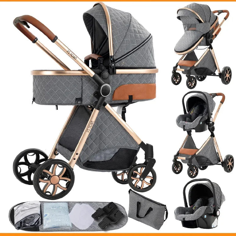 Gray and gold baby stroller with car seat and accessories on a white background