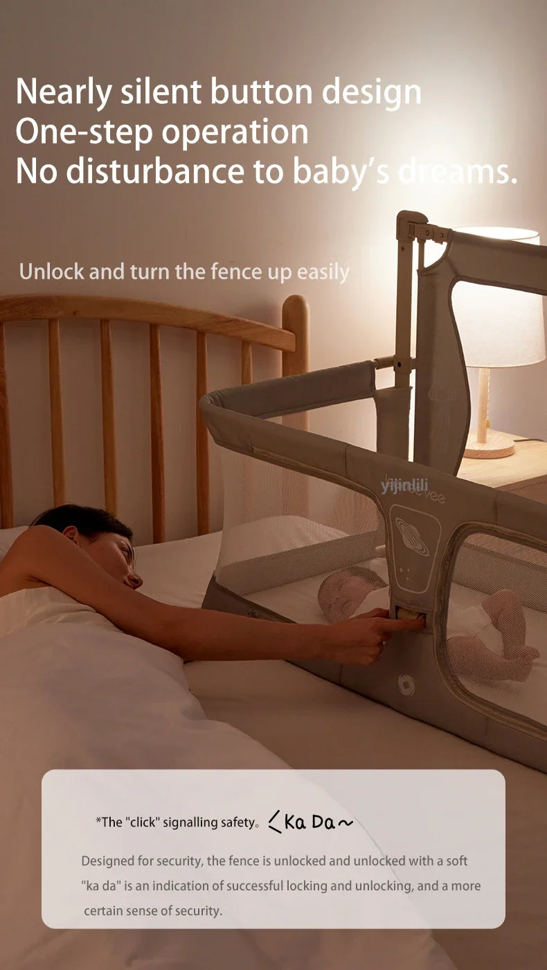 Baby safety gate with text on silent button design and ease of use
