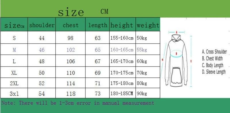 Size chart for a hoodie with measurements in centimeters