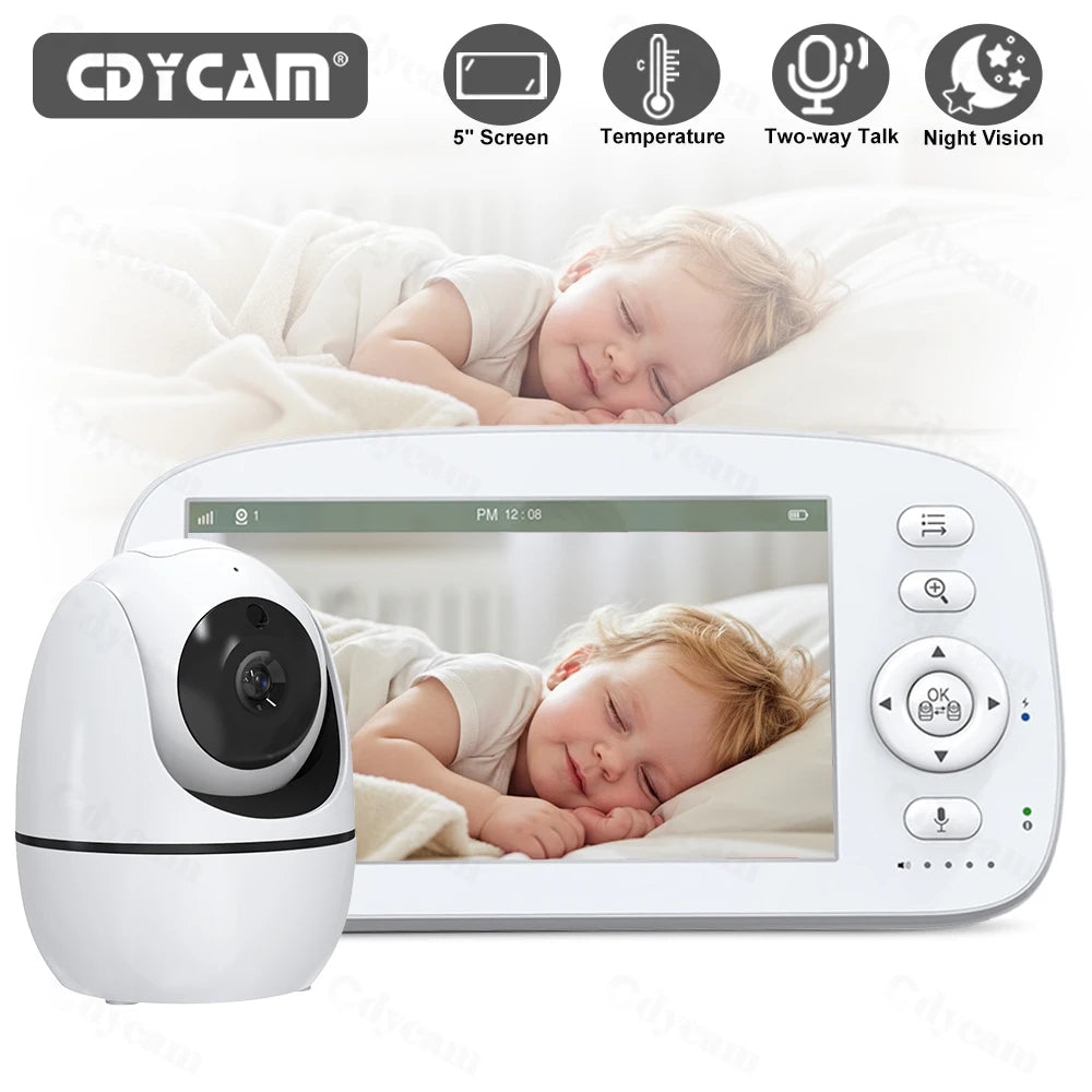 Baby monitor with a screen displaying a sleeping baby, featuring GDIYCAM branding and additional features.